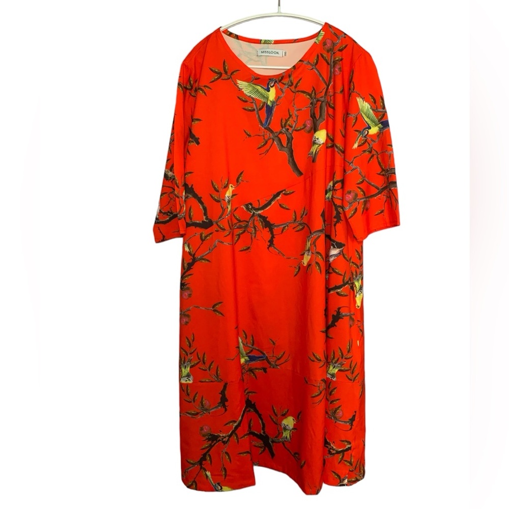 Mislook XXL Plus Size Dress Red with Nature and Bird design